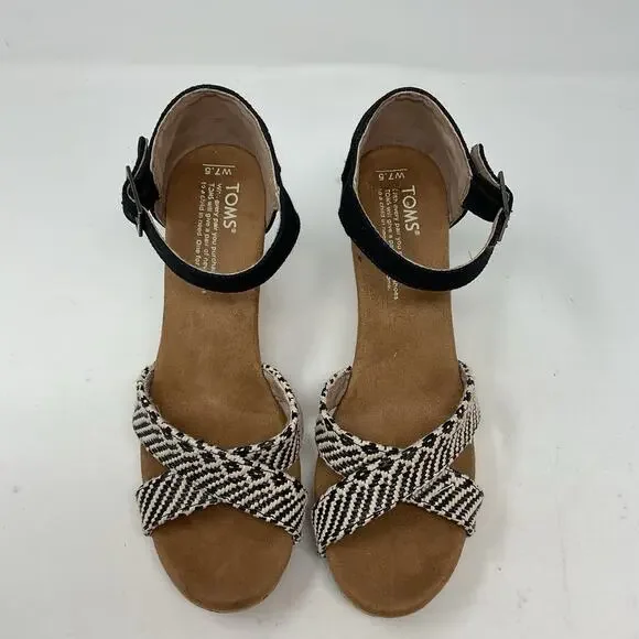 Toms Sienna Wedge Sandal Womens 7.5 Black Strappy Ankle Strap Cork Platform - Picture 3 of 13